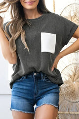 Pink Corded Colorblock Pocket Crew Neck T Shirt - Femstylo