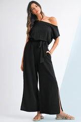Black Checkered Mesh One Shoulder Short Sleeve Knotted Waist Jumpsuit - Femstylo
