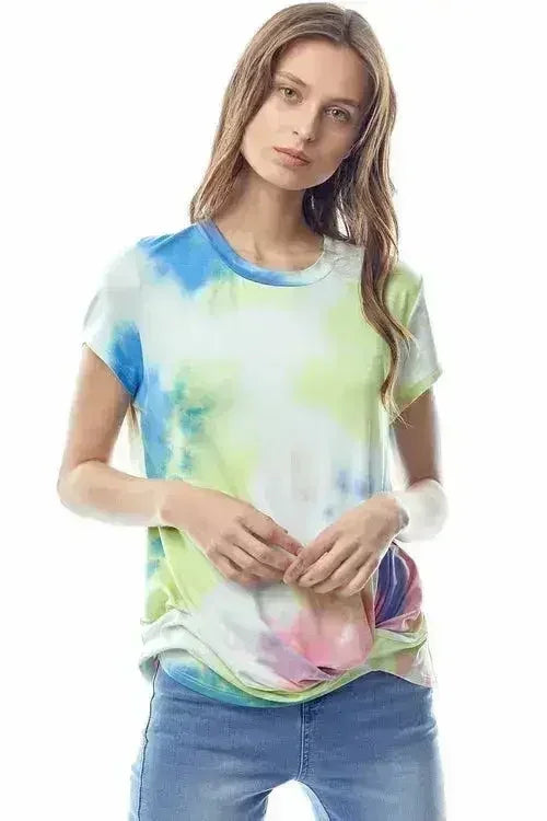 Tie-Dye Twist Front Short Sleeve Top - Femstylo