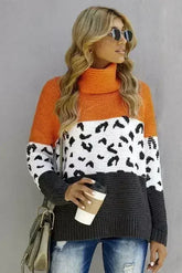 Orange Color Block Turtleneck Splicing Chunky Knit Pullover Sweater - Femstylo