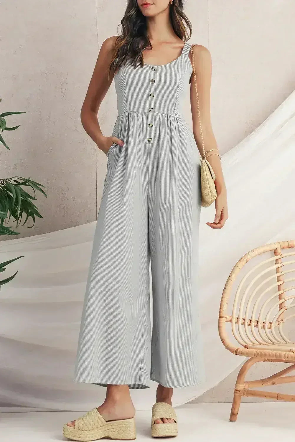 Black Stripe Half Buttoned Sleeveless Wide Leg Jumpsuit - Femstylo