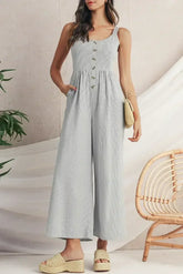 Black Stripe Half Buttoned Sleeveless Wide Leg Jumpsuit - Femstylo