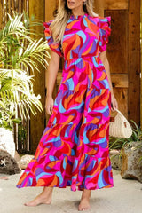Orange Abstract Printed High Waist Ruffle Tiered Long Dress - Femstylo
