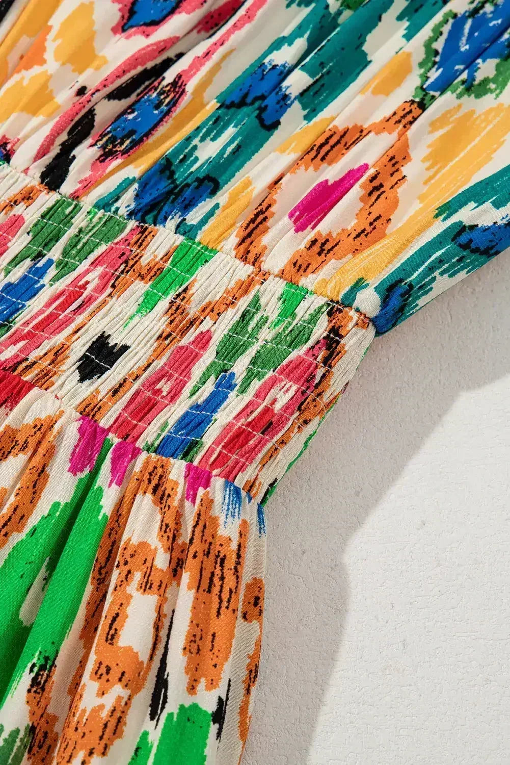 Sky Blue Abstract Print V Neck Dolman Sleeve Ruffle Tiered Mini Dress - Femstylo