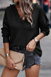 Black Split V Neck Pullover Knit Hooded Sweater