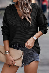 Black Split V Neck Pullover Knit Hooded Sweater