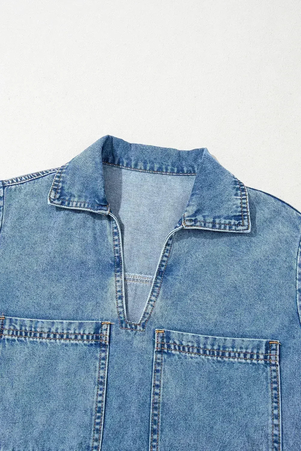 Beau Blue Short Sleeve Collared Chest Pocket Denim Mini Dress - Femstylo