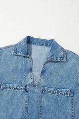 Beau Blue Short Sleeve Collared Chest Pocket Denim Mini Dress - Femstylo