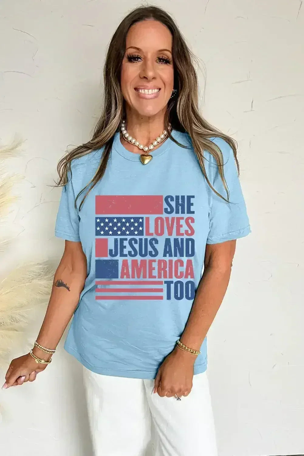 Light Blue SHE LOVES JESUS AND AMERICA TOO Patriotic T Shirt - Femstylo