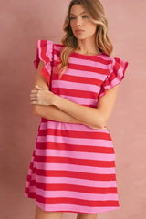 Black Stripe Flutter Sleeve Round Neck Shift Mini Dress - Femstylo