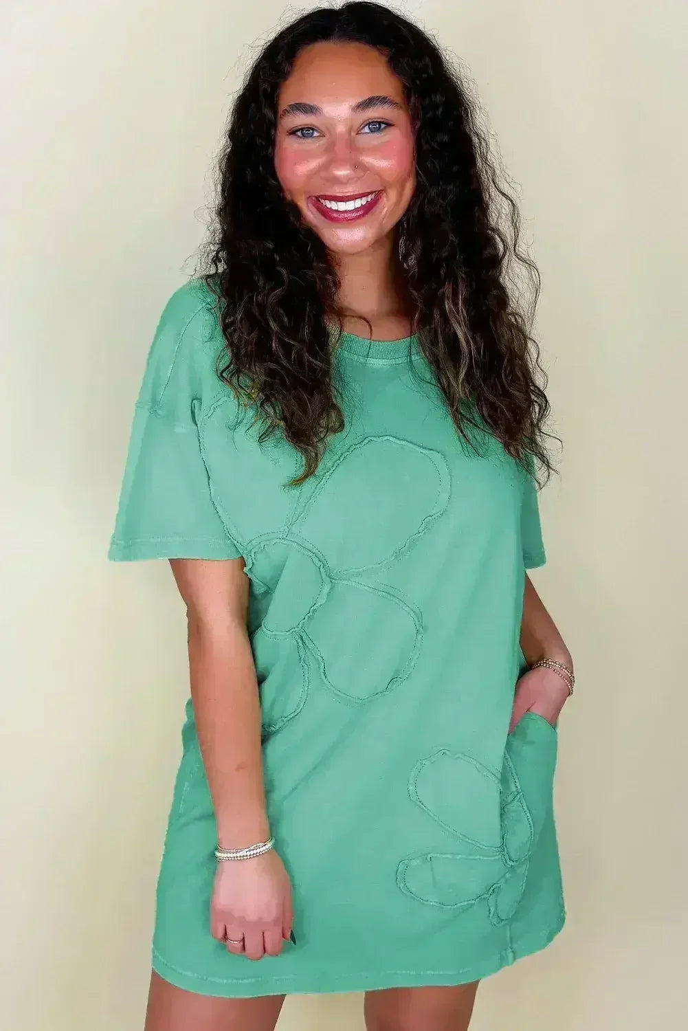 Sky Blue Mineral Wash Flower Patchwork Mini T Shirt Dress - Femstylo