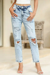 Sky Blue Light Wash Frayed Slim Fit High Waist Jeans - Femstylo