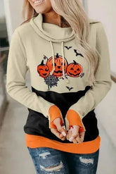 Cowl Neck Pumpkin Print Color Block Halloween Sweatshirt - Femstylo
