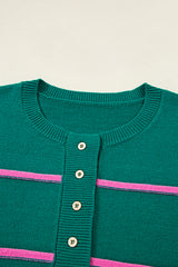 Green Striped Half Button Drop Shoulder Oversized Sweater