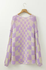 Taupe Colorblock Checked Open Front Knitted Cardigan