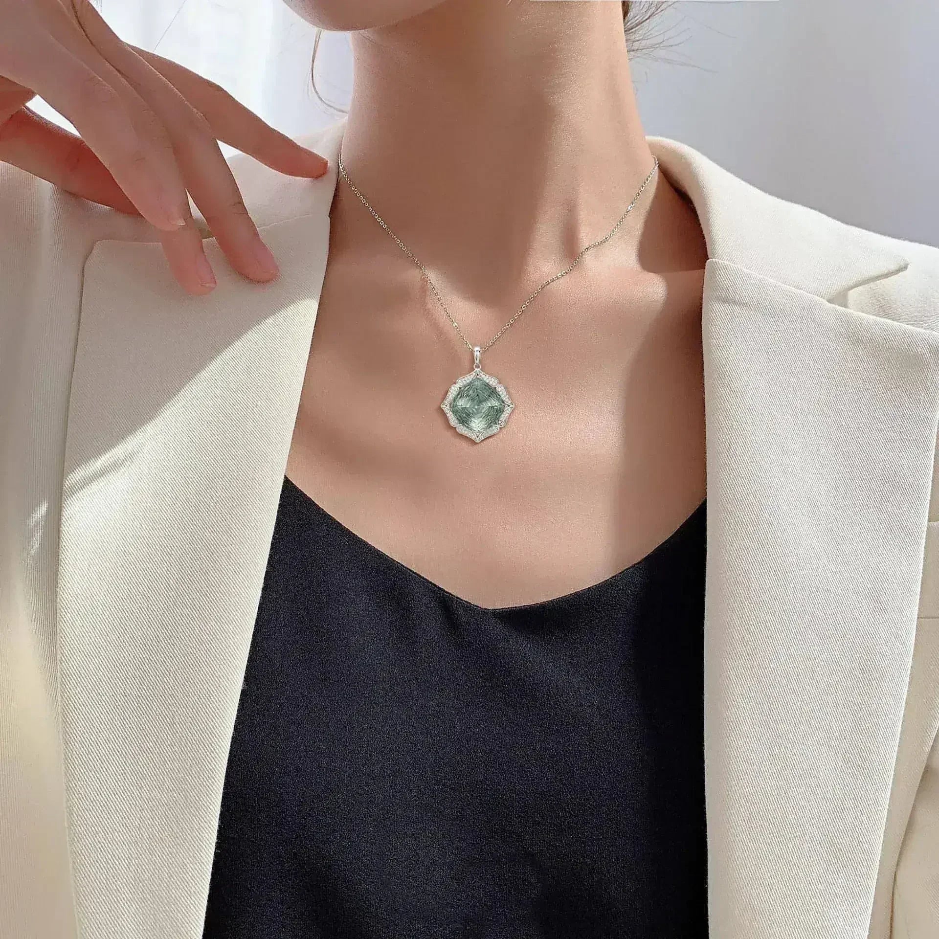 Luxury Sweater Chain Femininity S925 Silver Set Large Natural Green - Femstylo