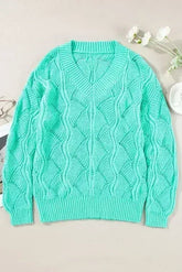 Mint Green Hollow Out Knit V Neck Drop Shoulder Sweater - Femstylo