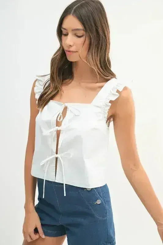 MABLE Poplin Ruffle Strap Front Self Tie Top - Femstylo