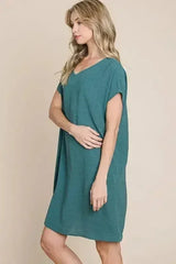 BOMBOM V-Neck Short Sleeve Dress with Pockets - Femstylo
