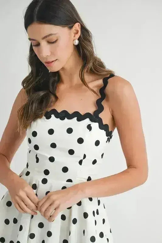Polka Dot Mini Dress – Ricrac Trim Strap & Smocked Back - Femstylo