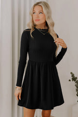 Black Frilled Neck Ribbed Knit Patchwork Long Sleeve Mini Dress