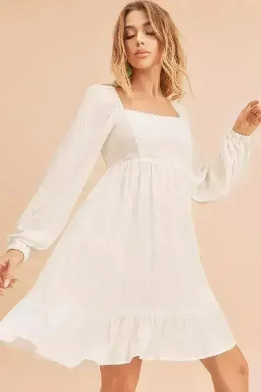 Aemi + Co Ruffled Hem Square Neck Balloon Sleeve Mini Dress - Femstylo