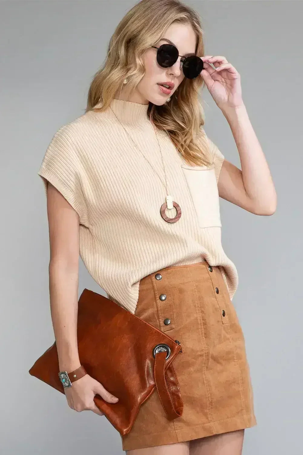 Mineral Red Patch Pocket Ribbed Knit Short Sleeve Sweater - Femstylo