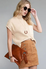 Mineral Red Patch Pocket Ribbed Knit Short Sleeve Sweater - Femstylo