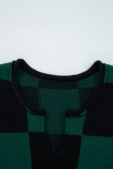 Green Checked Notched Neckline Drop Shoulder Knit Sweater