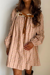 Khaki Velvet Bow Front Floral Print Long Sleeve Short Dress