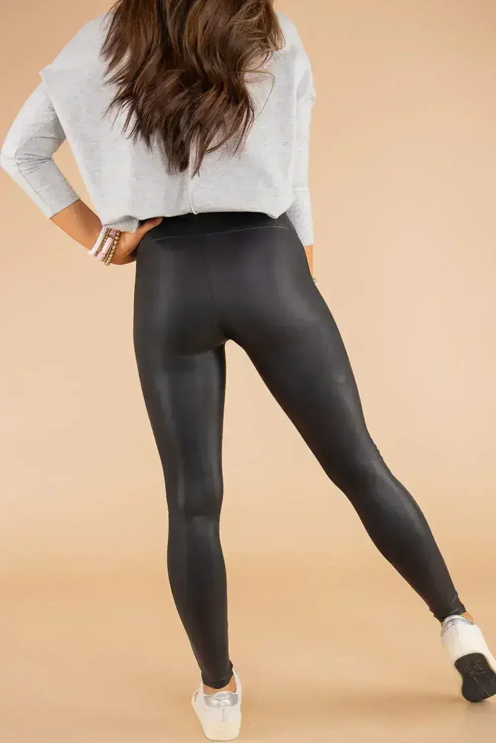 Black Piping Trim Sleek Leather High Waist Leggings - Femstylo