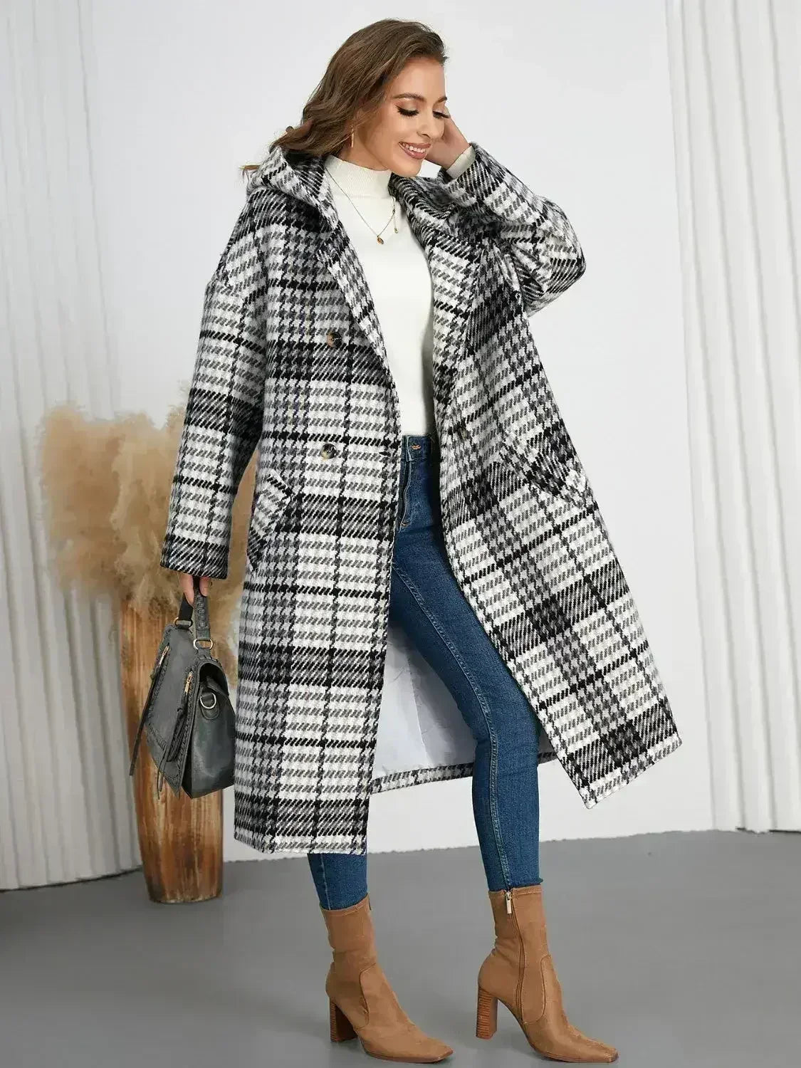 Plaid Double-Breasted Long Sleeve Longline Coat - Femstylo