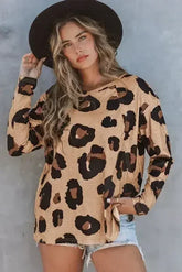 Leopard Print Long Sleeve Loose Top - Femstylo