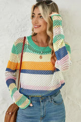 Green Colorblock Striped Hollow Knitted Top - Femstylo