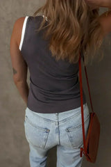 Smoke Gray Ribbed Knit Contrast Edge U Neck Slim Fit Tank Top - Femstylo