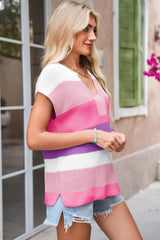 Multicolour Colorblock Notch V Neck Knit T Shirt