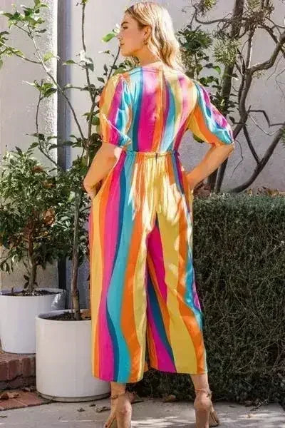 ODDI Striped Puff Sleeve Jumpsuit - Full Size Wide Leg Design - Femstylo
