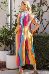 ODDI Striped Puff Sleeve Jumpsuit - Full Size Wide Leg Design - Femstylo