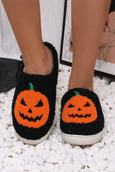 Black Halloween Pumpkin Print Plush Slippers - Femstylo