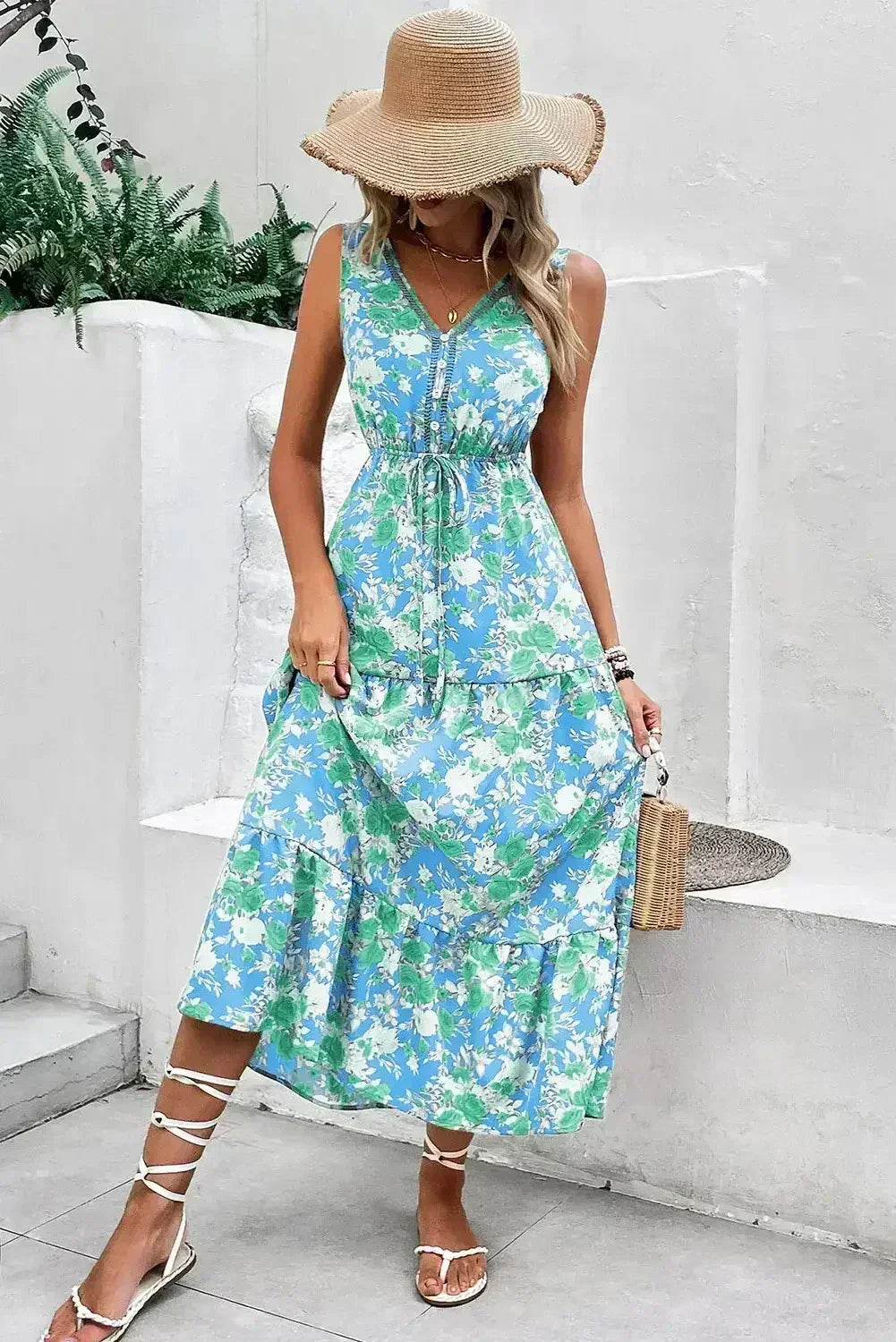 Green Floral Print Trimmed V Neck Sleeveless Vacation Dress - Femstylo