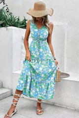 Green Floral Print Trimmed V Neck Sleeveless Vacation Dress - Femstylo