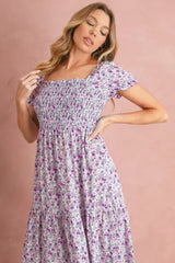 Purple Floral Short Bubble Sleeve Smocked High Waist Maxi Dress - Femstylo