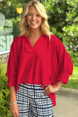 Fiery Red Solid Color Collared Loose Tunic Top