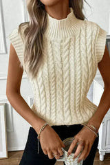 Cable Knit Sweater Vest – High Neck & Textured Oatmeal - Femstylo