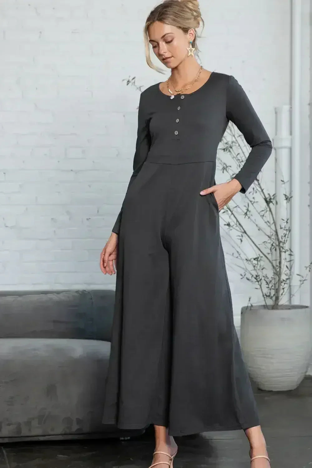 Dark Grey Henley Long Sleeve Wide Leg Jumpsuit with Pockets - Femstylo