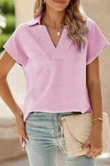 White Textured V Neck Collared Split Hem T Shirt - Femstylo