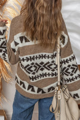 Dark Khaki Ethnic Geometric Pattern Button Front V Neck Cardigan