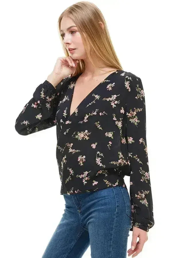 Long Sleeve Surplice Floral Top - Femstylo