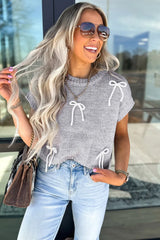 Light Grey Bowknot Applique Cap Sleeve Sweater