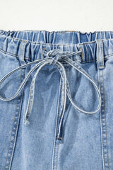 Beau Blue Drawstring Seam Detail Raw Hem Wide Leg Jeans